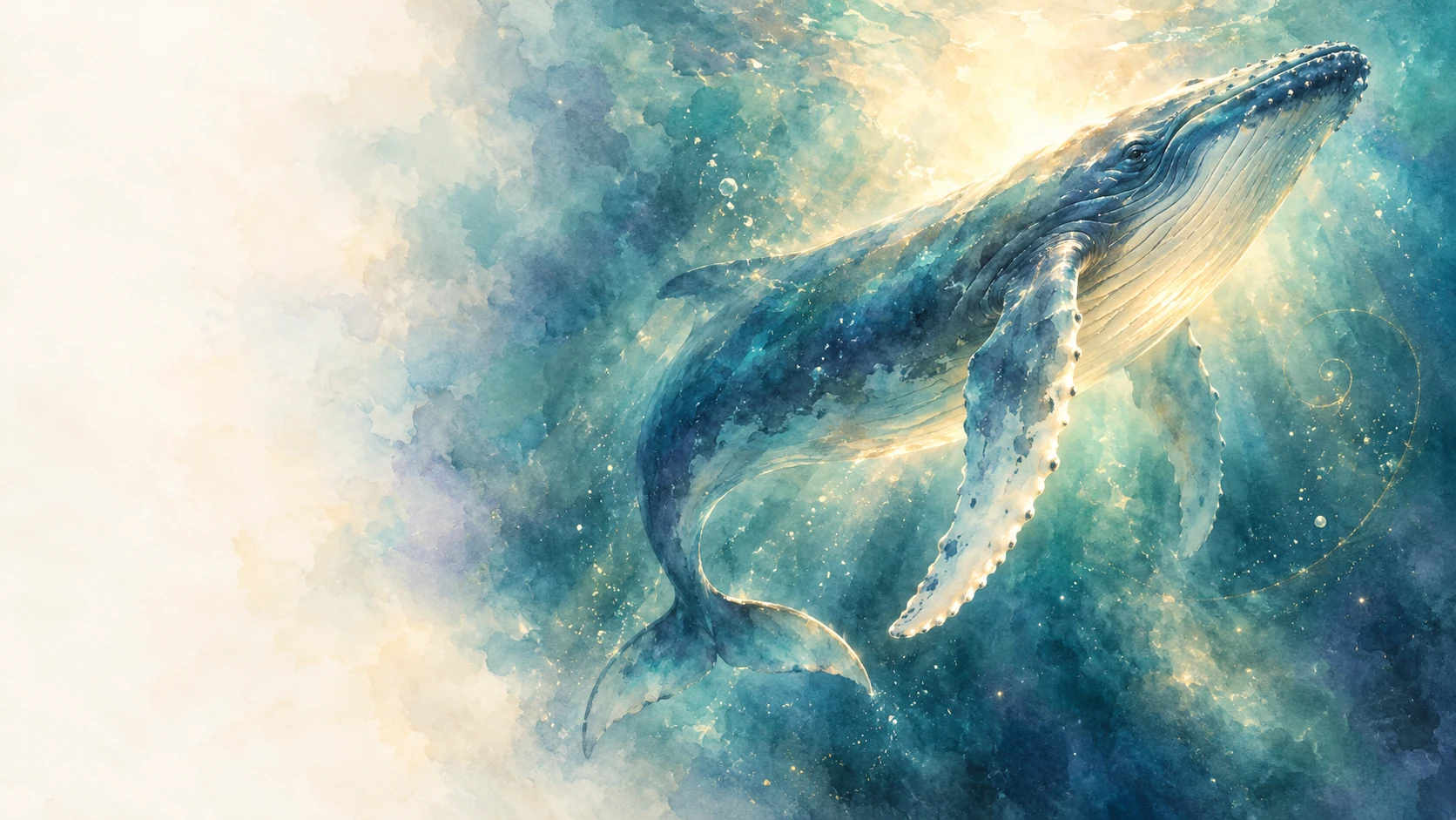 Ballena jorobada en acuarela, iluminada por una luz cálida entre tonos turquesa y azules profundos